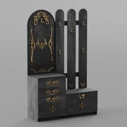 Detailed 3D wardrobe model with ornate gold trimmings, compatible with Blender, ideal for interior design renderings.