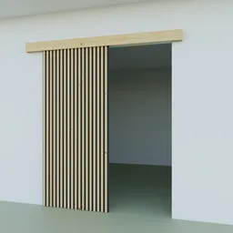 "Wooden slat sliding door for interiors - BlenderKit 3D model with simplistic design, vertical orientation, and narrow depth of field. Perfect for garage or loom environment. Created with Blender 3D software."