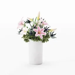 "3D model of a stunning vase adorned with elegant lilies and eringium flowers, perfect for Blender 3D enthusiasts. This visually appealing composition, created by Okamoto Tarō, captures the essence of realism and showcases the beauty of pink blooms against a pristine white vase. Enhance your artistic projects with this exquisite bouquet."