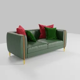 "Handmade Barlow Sofa from the Mezzo Collection with textured upholstery and red pillows. 3D model rigged in Blender 3D, inspired by retro colors and Swedish design. Winner of an Artsation contest and influenced by Frederick Hammersley's rich woodgrain."