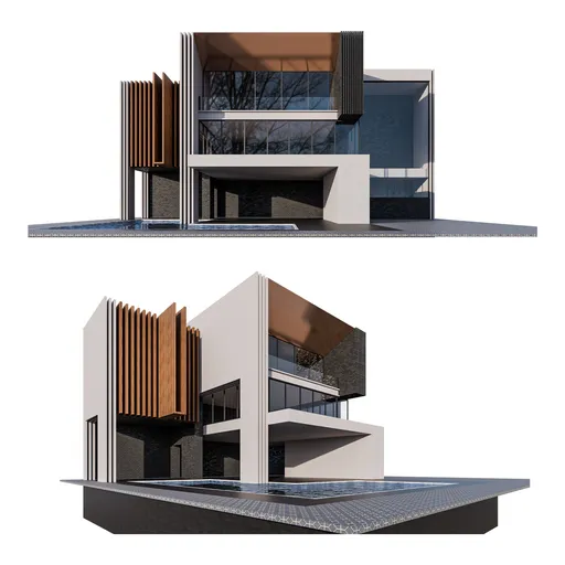3D rendered modern architectural model featuring overhangs, mixed materials and pool designed for Blender.