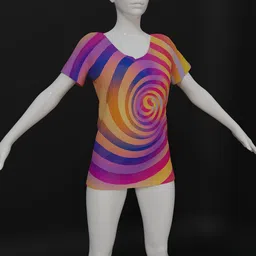 Colorful spiral-patterned 3D female t-shirt model for Blender, front view.