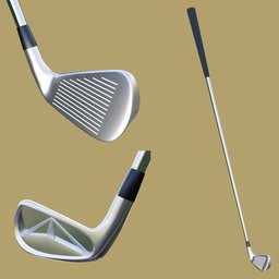 "Perimeter Weighted 5 iron with satin finish, a realistic 3D model created using Blender 3D software. This model showcases a close-up of a golf club and a golf ball, featuring stylized dynamic folds and steel plating. Perfect for virtual sets, this high-quality model is ideal for game development and design projects."