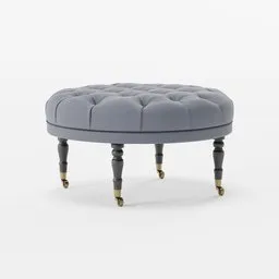 Detailed 3D model of a tufted upholstered ottoman with elegant wooden legs and brass casters, ideal for interior design in Blender.