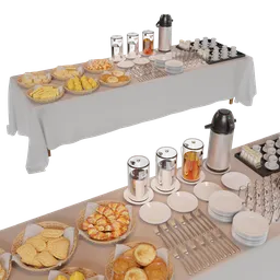 Blender 3D model showcasing a detailed buffet table setup with assorted pastries, cups, and carafes, perfect for hospitality scenes.