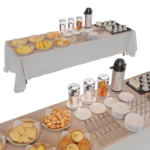 Blender 3D model showcasing a detailed buffet table setup with assorted pastries, cups, and carafes, perfect for hospitality scenes.