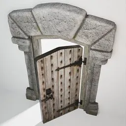 Low-poly 3D Blender model featuring a textured medieval wooden door within a stone arch, ideal for castle and church scenes.