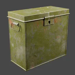 Detailed 3D model of a military-style gun box with weathered textures, suitable for Blender rendering.