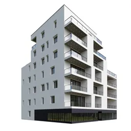 "Modular Building 02: A versatile and customizable 3D model for Blender 3D, ideal for exterior scenes. With balconies and a sleek design, this house features high-quality textures and a clean mesh. Use the array function to add more floors and switch shaders for different finishes, including wet materials."