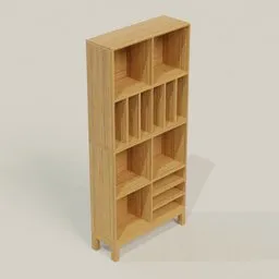 Detailed wooden 3D bookshelf model designed for Blender, featuring multiple compartments and a realistic texture.