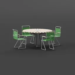 "Outdoor Furniture: Tableset for Poolside with White Table Top and Four Chairs. Mid-Century Modern Design with RV and Tumbleweed in Park. Blender 3D Model."