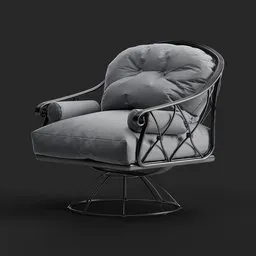 3D-rendered plush cushion armchair with intricate metal framework for Blender design, suitable for exterior scenes.