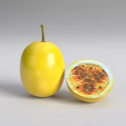 Detailed 3D passion fruit model and cross-section, realistic texture, Blender 3D render.