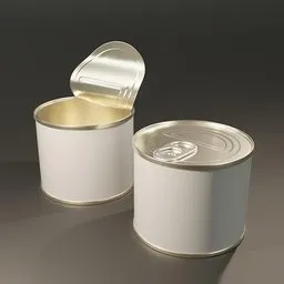 "Photorealistic 3D model of two white food cans with lids, created in Blender 3D. The cans are depicted with smooth, shiny metal surfaces and low fat levels. This vectorial image by Jarosław Jaśnikowski is reminiscent of Francisco Goya's artistic style. Perfect for Blender 3D enthusiasts seeking high-quality 3D models for food-related projects."