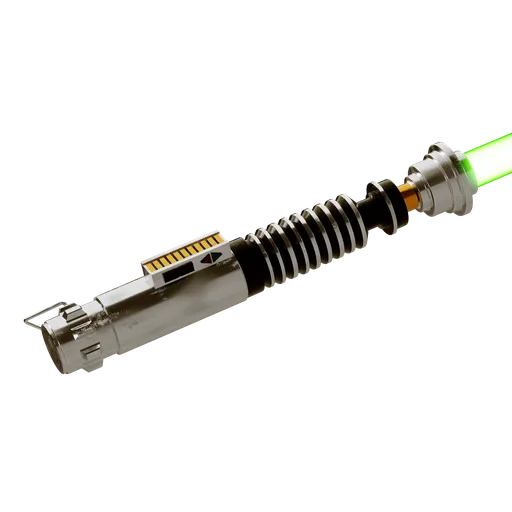 Detailed 3D rendering of a sci-fi lightsaber with a glowing green blade, suitable for Blender modeling and animation.