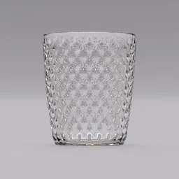 Realistic 3D-rendered glass tumbler with embossed square design for Blender 3D projects.
