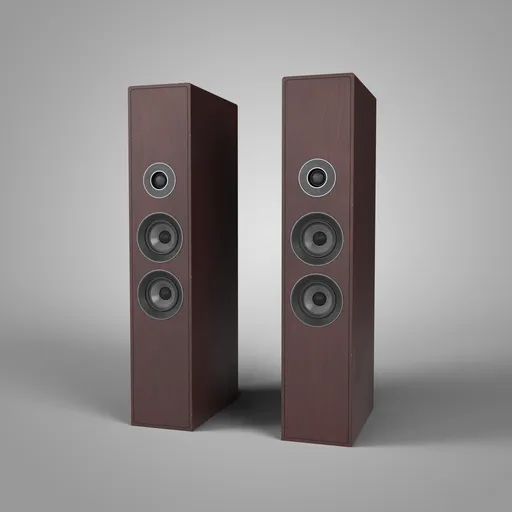 Highly detailed vintage-style red wood floor speakers 3D model, ideal for Blender scenes.