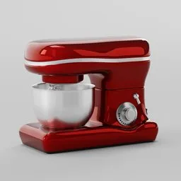 Red 3D-modelled kitchen robot with stainless steel bowl and control dial, designed in Blender 3D.