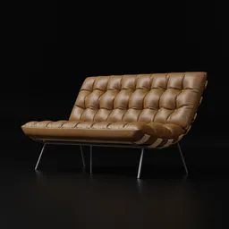"Blender 3D model of a Fidel 2 Seater Leather Couch, featuring an arafed leather chair with metal legs and a brown seat. This mid-century sofa, inspired by Alfred Jensen, is ideal for interior visualizations. Perfect for adding a touch of elegance to your Blender 3D projects."