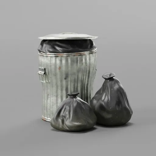Used Metallic Trash Can With Black Muddy Bags