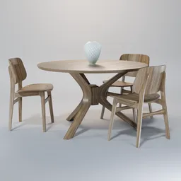 High-quality 3D model render of a wooden table and chairs set with vase, perfect for Blender realistic scene asset.