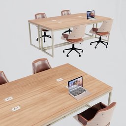 3D rendered coworking office table with chairs and laptops, designed in Blender, ideal for architectural visualizations.