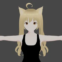 "Blonde anime girl with cat ears, untextured, showcasing detailed facial features, a thick furry neck and chest fluff, inspired by Fujiwara Nobuzane. This 3D model is compatible with Blender 3D, providing a female character with a rig for animation."