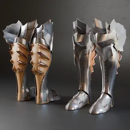 Detailed 3D model of historic military foot armor with shoe belts and high-quality metal textures, ideal for Blender projects.