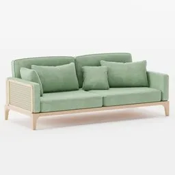 3D model of a contemporary sofa with plush green cushions and elegant rattan wood detailing, compatible with Blender.