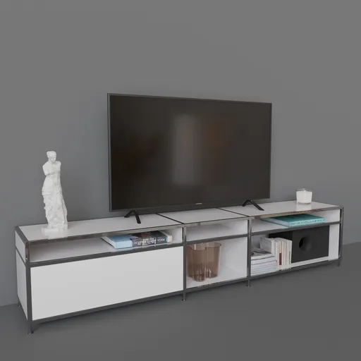 Realistic 3D model of a modern flat screen television on a sleek console for Blender rendering.