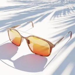 "High-end Sunglasses 3D Model for Blender 3D - Featuring Exotic Orange Lenses on White Surface with Palm Leaves, Golden Hour Hues, and Soft-sanded Coastlines. Created with Modifiers for Easy Customization and Procedural Materials for Versatility."