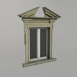 Detailed 3D baroque window model with patina copper sill, compatible with Blender's Eevee and Cycles, HDR support, low poly, texture packed.