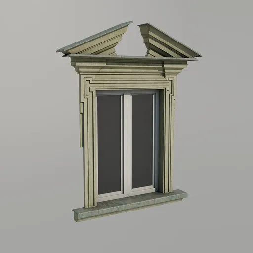 Detailed 3D baroque window model with patina copper sill, compatible with Blender's Eevee and Cycles, HDR support, low poly, texture packed.