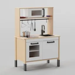 "Get creative with the Duktig Play Kitchen 3D model, perfect for showcasing a kid-friendly kitchen design from Ikea. This Blender 3D model features UV-ready textures and subdivision control, while allowing users to open drawers, doors, and the microwave. Ideal for furniture-set enthusiasts and transport design aficionados alike, let this official product photo take center stage in your next project."