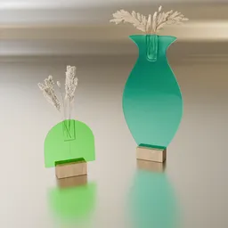 3D-rendered acrylic vases with flowers, showcasing translucency and lighting effects using Blender 3D modeling software.