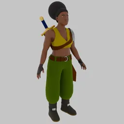 Rigged 3D African female warrior model with sword, optimized for Blender, ideal for fantasy animation and game development.