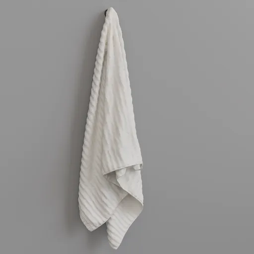 Detailed 3D model of a white bath towel hanging, optimized for Blender with realistic textures and folds.