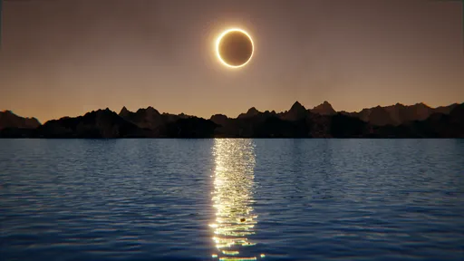 3D-rendered solar eclipse over water with mountain silhouette, created in Blender.