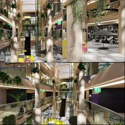 Detailed 3D model of an indoor mall scene with a variety of shops and seating areas, featuring realistic textures.