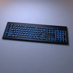 Illuminated 3D-rendered keyboard with blue LED lighting for Blender 3D model search.