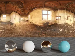 360-degree panoramic view inside a dilapidated tiled room with reflective spheres showcasing lighting effects