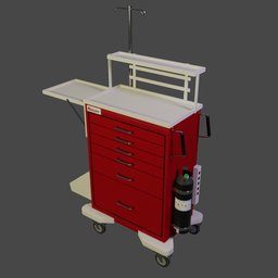 Detailed 3D rendering of a red hospital utility cart with drawers and wheels, created using Blender software.