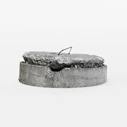 "Photogrammetry 3D model of a weathered concrete manhole with a metal lid and tree branch sticking out, inspired by Wilhelm Heise. Created using Blender 3D software for the cityspace category on BlenderKit."