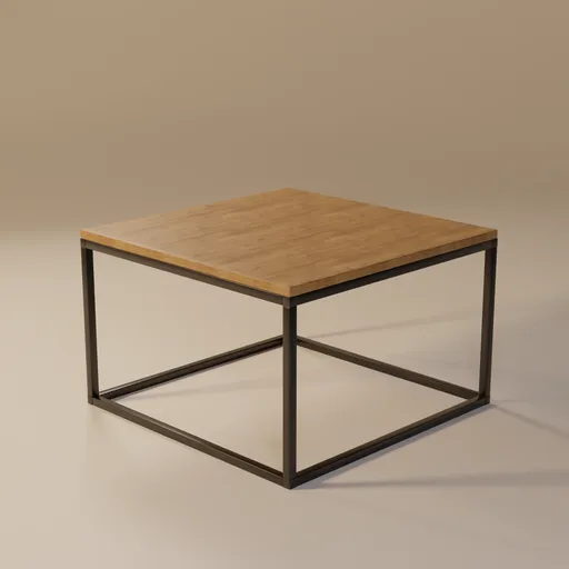 Detailed 3D rendering of a minimalist oak wood coffee table with sleek metal frame, suitable for Blender.