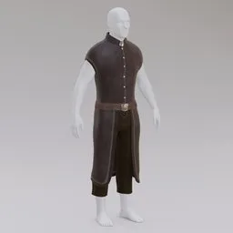 "Leather Armor 3D model for Blender 3D - A brown outfit on a mannequin with blue surcoat and pale pointed ears, perfect for DND renders and game scenario assets. Medium details with editable color masks and textures made in Blender. Cycles engine used for a top-quality rendering."