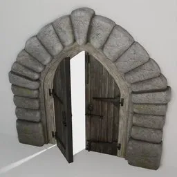 3D Blender model of an open medieval double door with a textured stone arch, ideal for castle and church scenes.