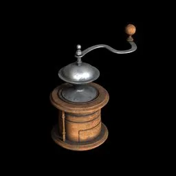 "Photorealistic coffee grinder on wooden table - 3D model for Blender 3D kitchen set. Short spout for easy pouring and 1800s inspired design. Perfect for video game assets, apothecary scenes, or Twitch streaming setups."