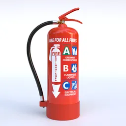 Realistic red handheld 3D model of a fire extinguisher with label, optimized for Blender rendering.