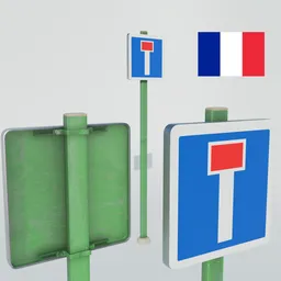 Detailed 3D model of a French dead end traffic sign, C13a, for Blender rendering and cityscape designs.