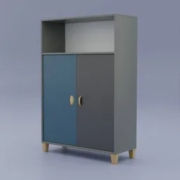 "Stylish standing cabinet with two doors and a drawer from Nathat Furniture Family's kids furniture collection, rendered in blueshift with steel gray body and Nordic pastel colors. Symmetrical body shape and contrasting blue wolf illustration. Perfect for studio product shots. Compatible with Blender 3D."